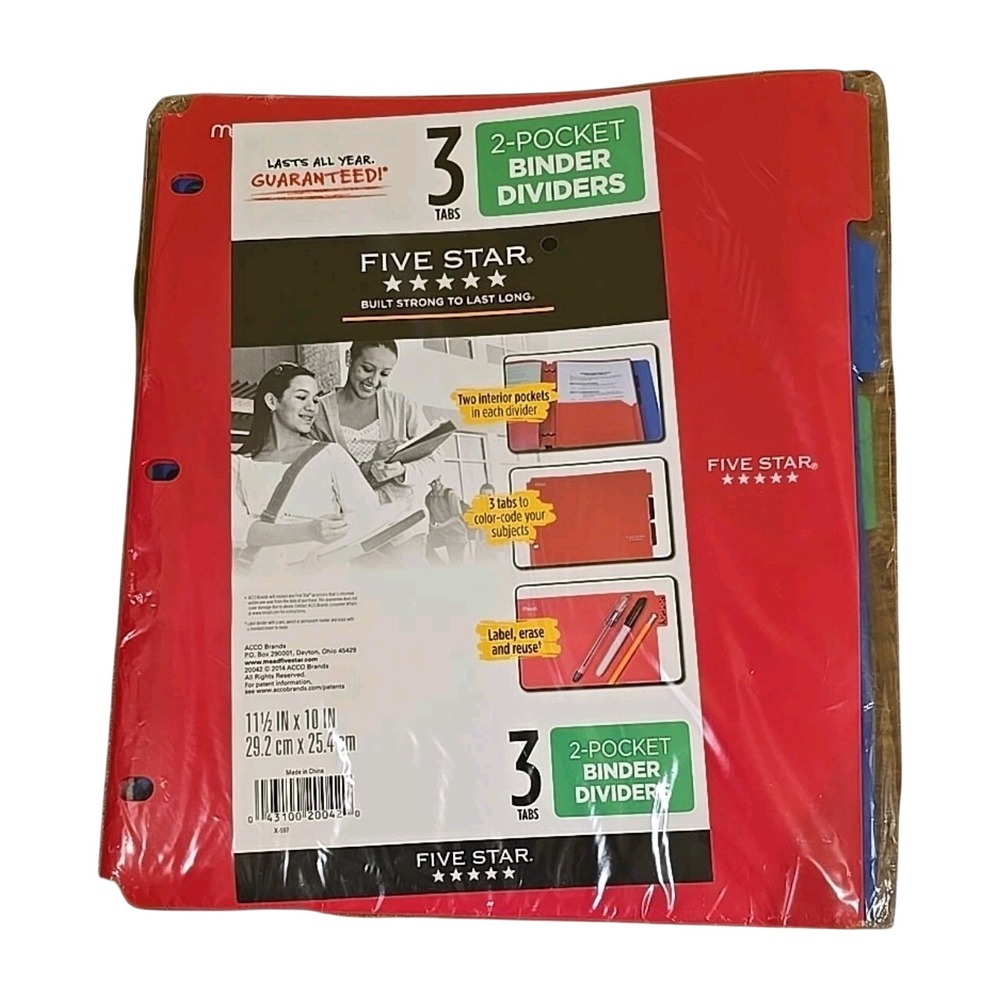 Five Star 3 Tab 2-Pocket Binder Dividers Color Coded School Supplies NEW